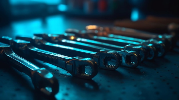 Een stel moersleutels op een tafel met blauw licht.