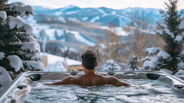 Een stel ontspant in een hot tub met uitzicht op de winterbergen.