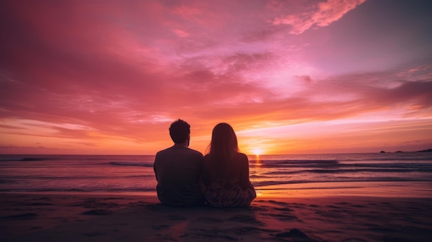 Een stel op het strand kijkt naar de zonsondergang.