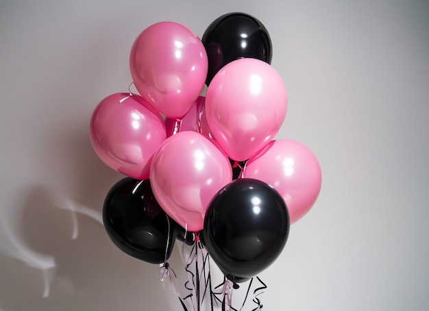 Een stel roze en zwarte ballonnen met een zwart lint en het woord "happy birthday" erop.