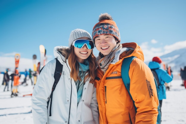 Een stel staat in de sneeuw bij het skigebied