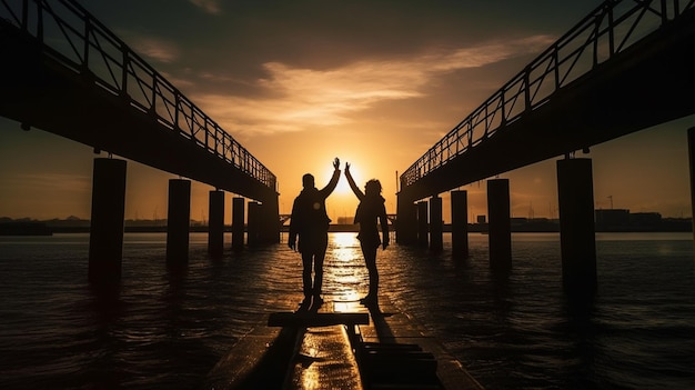 Een stel staat op een pier met hun handen omhoog in de luchtopwekkende lucht