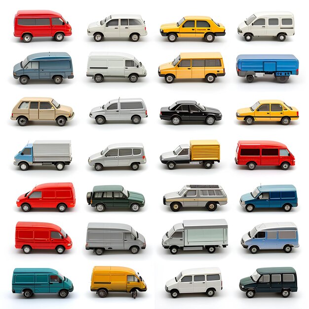 Foto een stel verschillende gekleurde auto's op een witte achtergrond