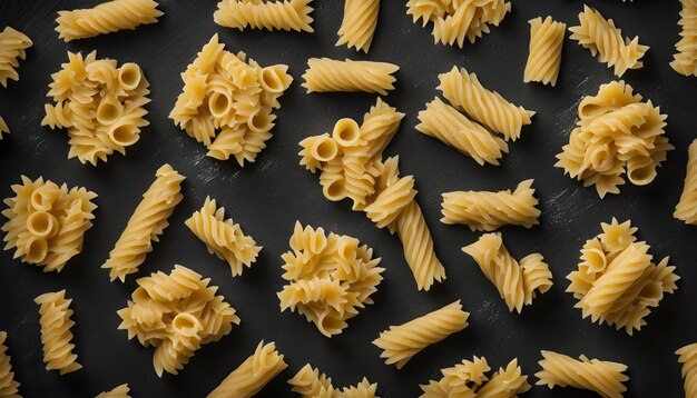 een stel verschillende soorten pasta op een zwarte achtergrond