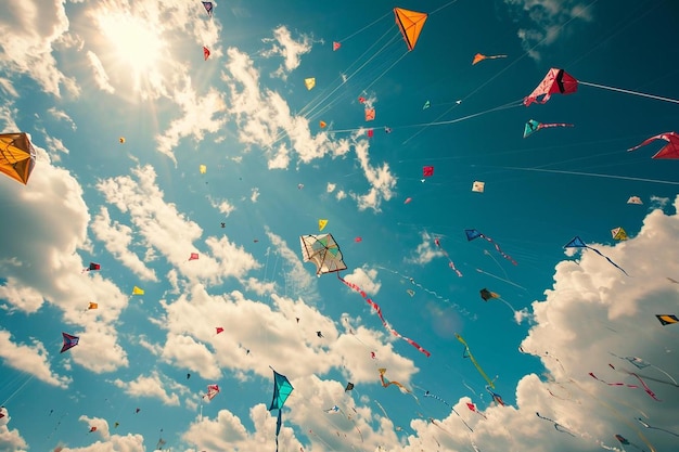 Foto een stel vliegers die in de lucht vliegen