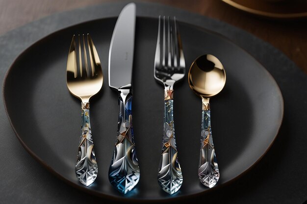 een stel zilveren gereedschappen en vorken met een gouden ontwerp aan de bovenkant