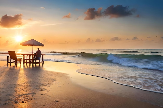 Een stel zit op een strand met een paraplu waarop staat 'ik hou van jou'