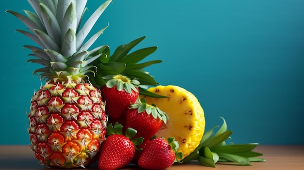 Een stelletje ananas en ananas op een blauwe achtergrond