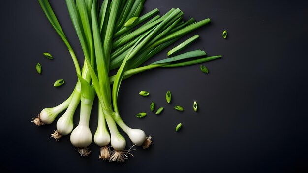 Een stelletje groene uien op een zwarte achtergrond