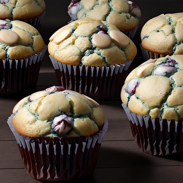 Een stelletje muffins met bosbessenmuffins op een tafel