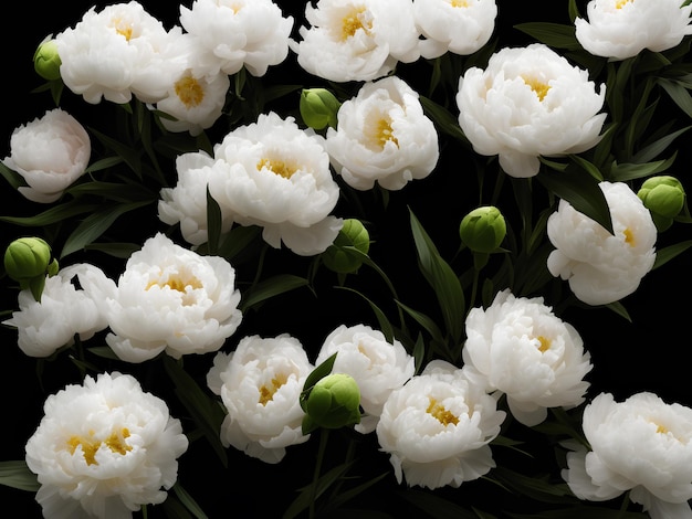 Een stelletje witte pioenrozen met een groen blad