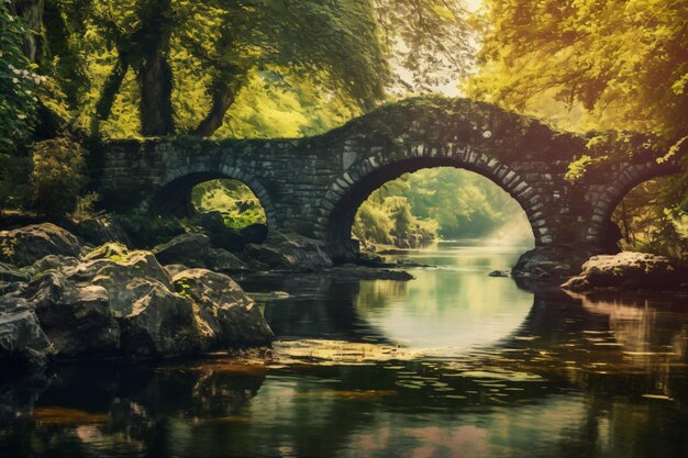 een stenen brug over een rivier omringd door bomen