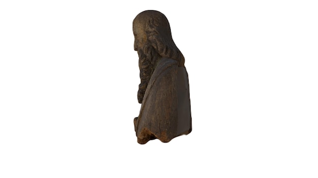 Een stenen buste van een man met een baard en lang haar.