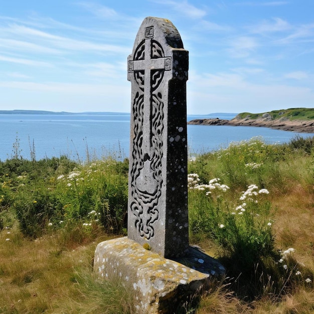 Foto een stenen monument met een symbool erop staat in het gras.