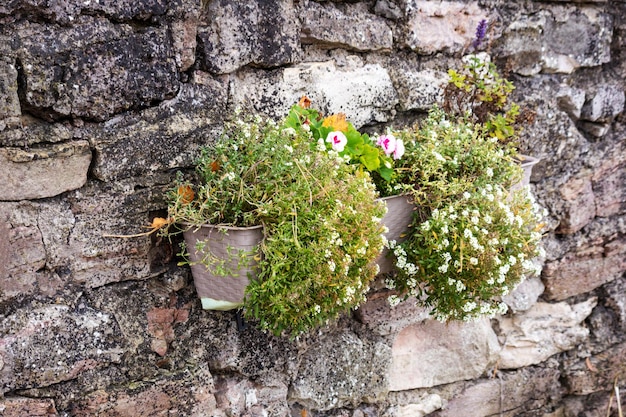 Een stenen muur met bloempotten eraan