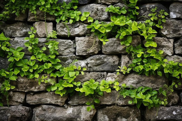 Een stenen muur met planten