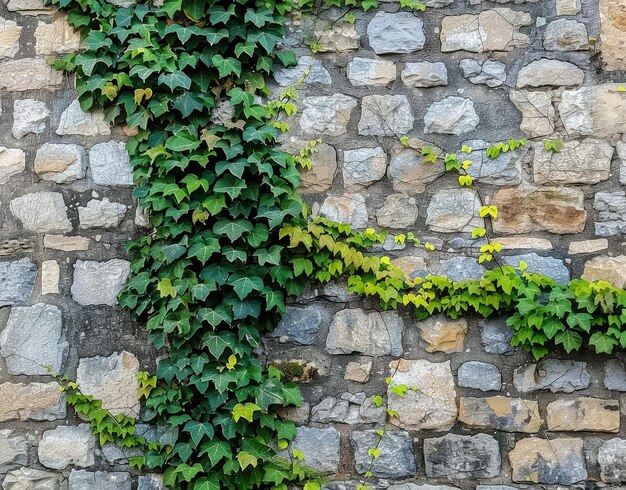 een stenen muur met wijnstokken die erop groeien en een groene plant die erop groeit