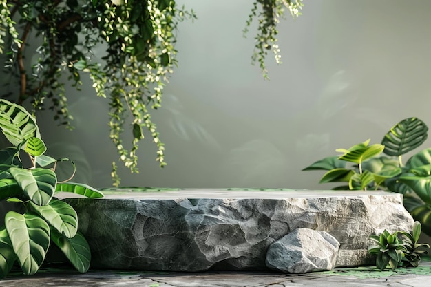 Foto een stenen voetstuk met een groene achtergrond en stenen podium voor planten voor mockupaigeneratieve