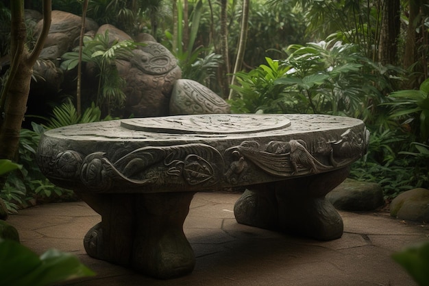 een stenen zitplaats midden in een groen bos