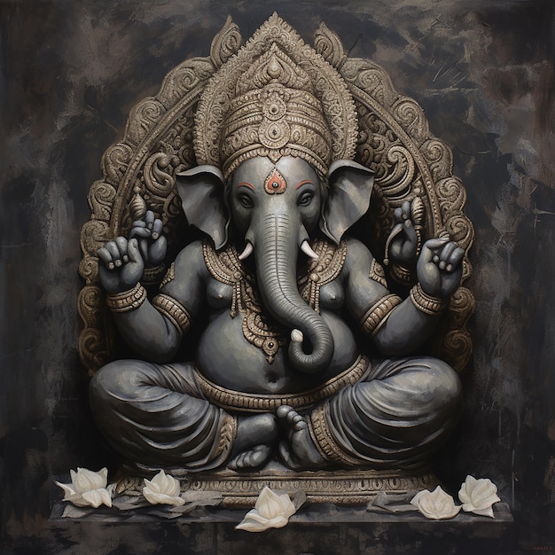 Een stenen zwart gebeeldhouwd beeld van Ganesha