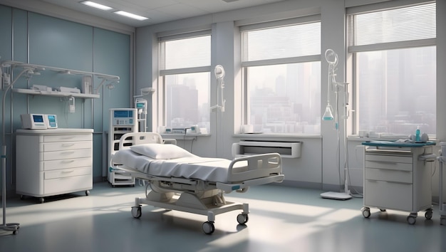 Een steriele ziekenhuiskamer met een netjes gemaakt bed, zachte verlichting en medische apparatuur