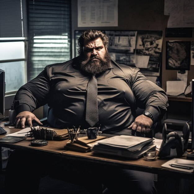 een sterke gespierde morbide obesitas die op kantoor zit
