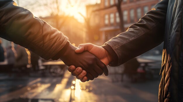 Een sterke handdruk van mannen op straat onder de brandende zon.