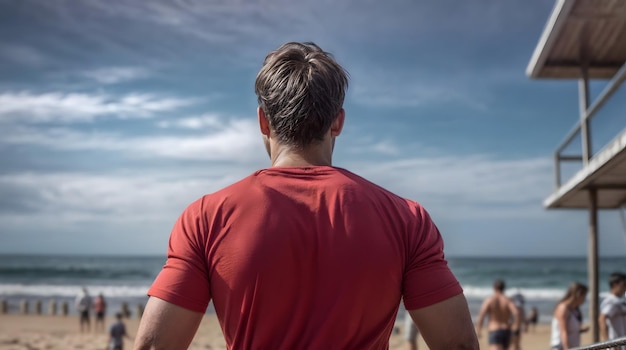 Een sterke kustbeschermer die in de verte van het strand kijkt Generatieve AI