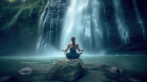 Een sterke vrouw die yoga beoefent bij een betoverende waterval, balancerend in een kraaienhouding