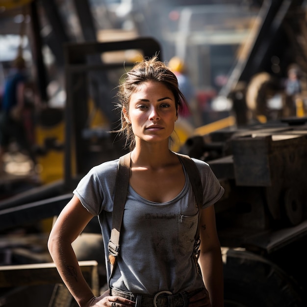 Een sterke vrouwelijke arbeider te midden van een drukke bouwplaats omringd door balken en machines