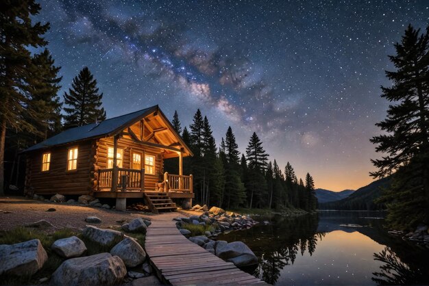 Een sterrenhemel verlicht een gezellige houten hut ondergedompeld in de rust van de natuur