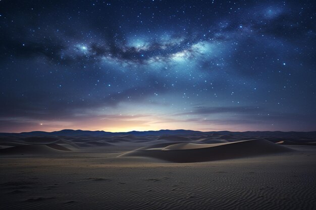 Een sterrenrijke nachtelijke hemel boven een uitgestrekte verlichte woestijnomgeving creëert een rustgevende en rustige sfeer