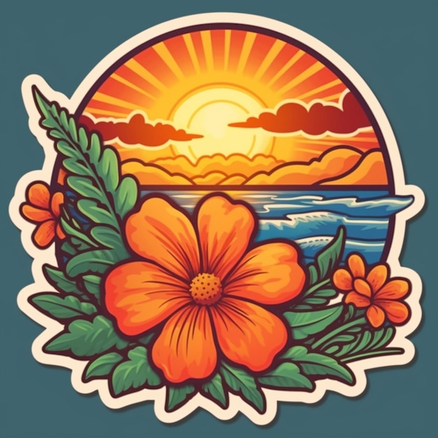 Een sticker met een bloem en een zonsondergang op de achtergrond generatieve ai