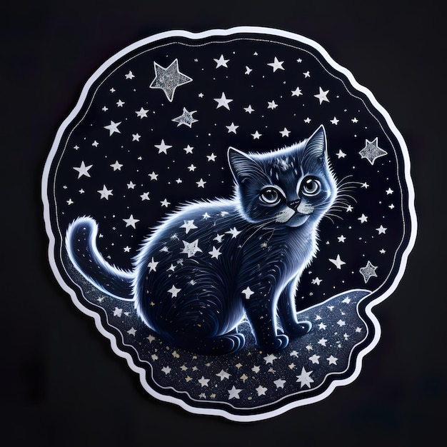 Een sticker met een kat erop die zwart en wit is.