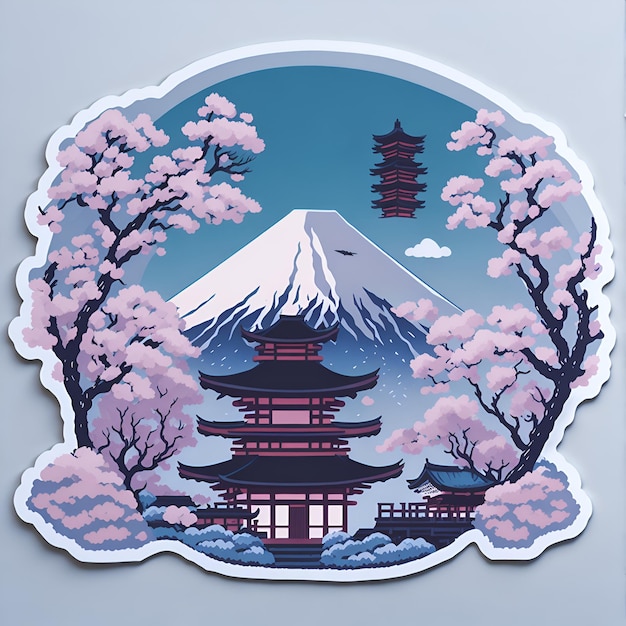 Een sticker van een berg met in het midden een japanse tempel.