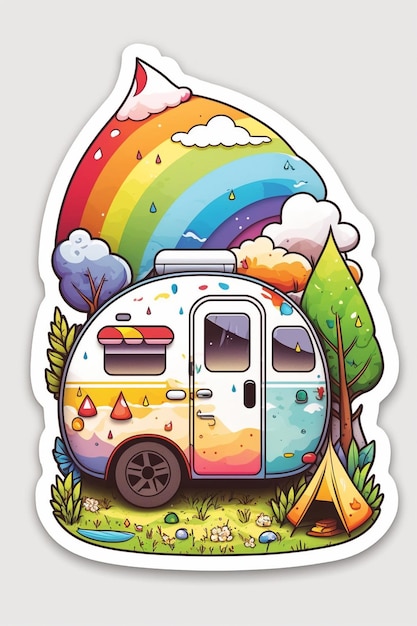 Een sticker van een camper met een regenboog en een camper met een camper erop.