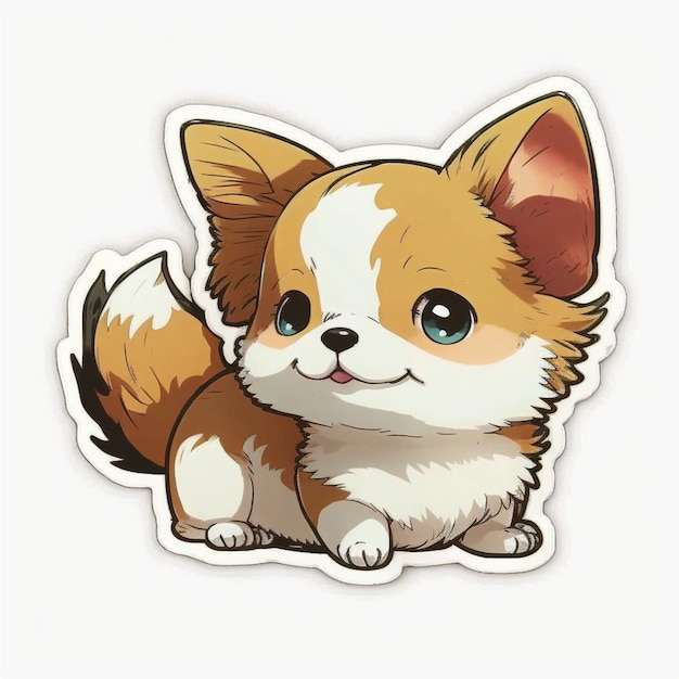 Een sticker van een chihuahua hond met blauwe ogen en een witte achtergrond.