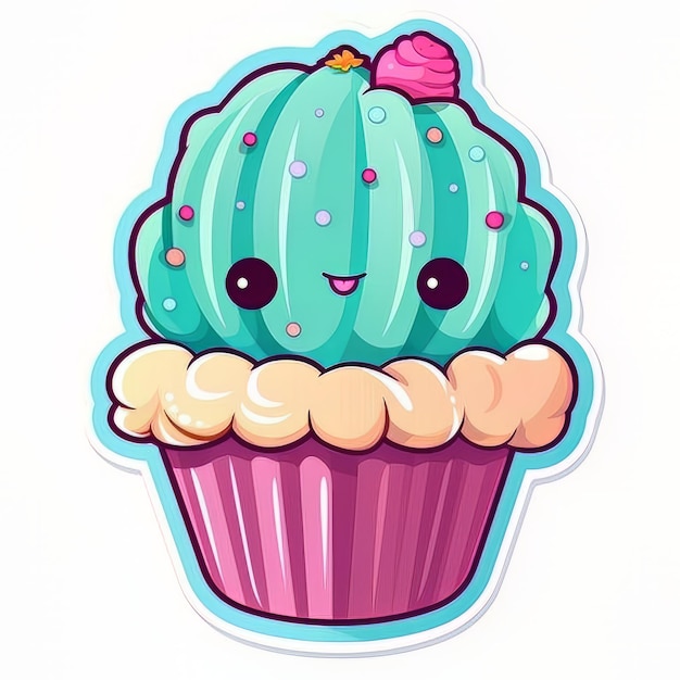 Een sticker van een cupcake met een gezicht en een roze bloem erop.