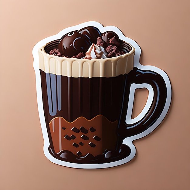 Een sticker van een handbeker met lekkere chocolade erop en een chocoladecrème erop