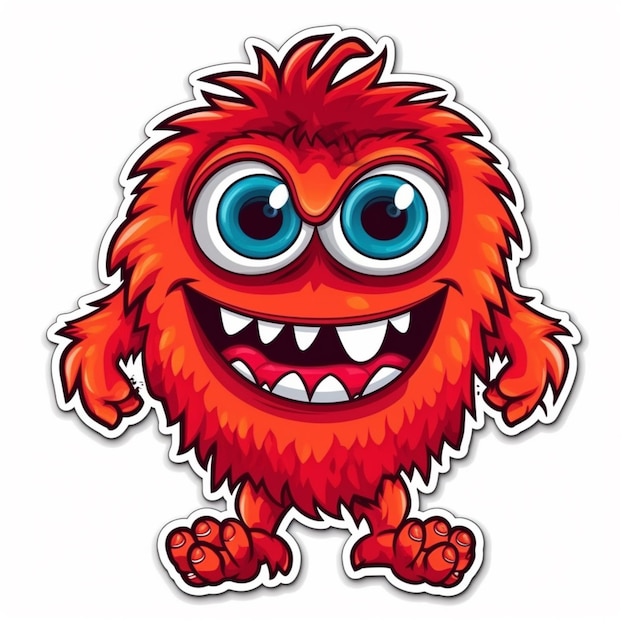 Een sticker van een harig oranje monster met grote blauwe ogen en een groot blauw oog.