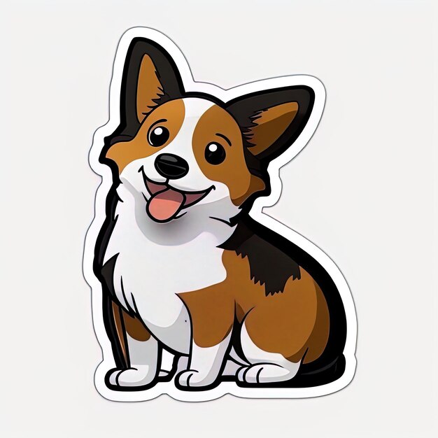 Een sticker van een hond met een bruin en wit gezicht met een zwarte omtrek waarop corgi staat.