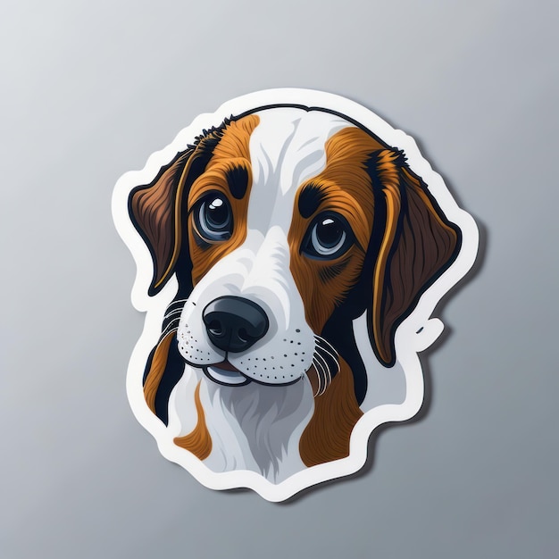 Een sticker van een hond met een bruin, wit en zwart gezicht.