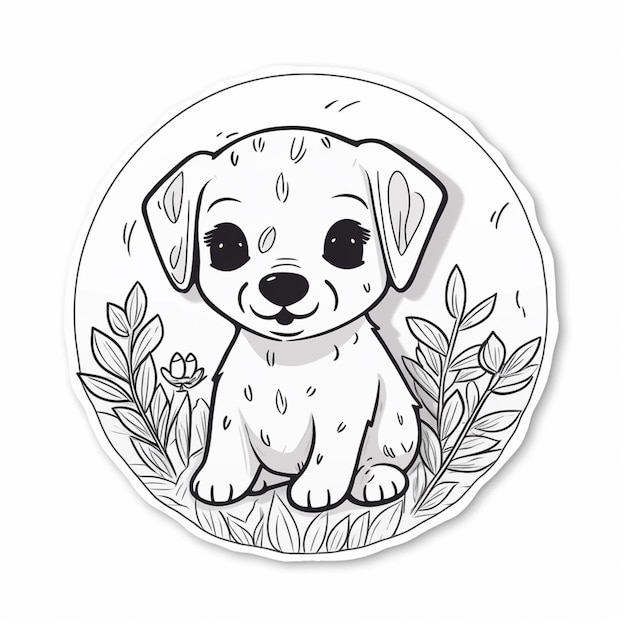 Een sticker van een hond met een zwarte omtrek waarop 'puppy' staat.