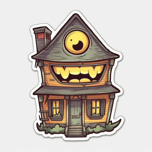 Foto een sticker van een huis met een monstergezicht in het midden.