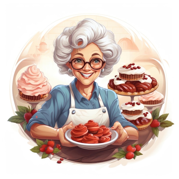 Een sticker van een vriendelijke oude dame die gebak bakt