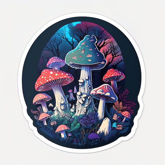 Een sticker van paddenstoelen met de woorden paddenstoel erop