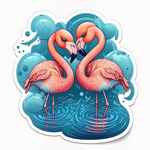 Een sticker van twee flamingo's met het woord flamingo erop.