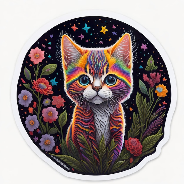 Een stickerkat met bloemen met witte achtergrond