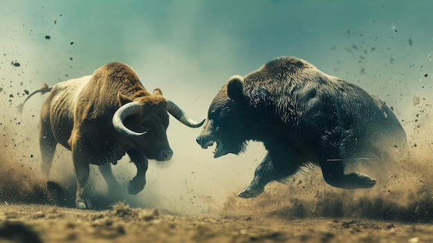 Een stier en een beer vechten op de aandelenmarkt prijs trends bullish of bearish trading