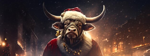 een stier in een kerstman hoed jaar van het stier concept